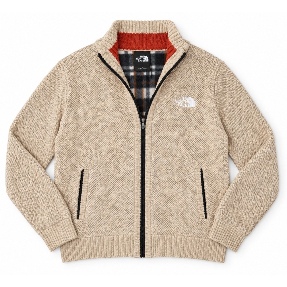 The North Face Mens Full Zip Sweater Beige Fleece Lined Plaid Knit Cardigan L